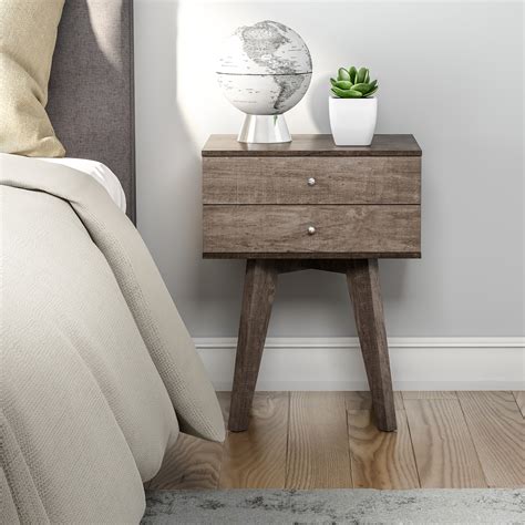 Small Bedside Table 2 Drawer Accent Wood Midcentury Modern Nightstand