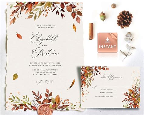 Sienna Boho Fall Wedding Invitation Template Autumn Leaves And