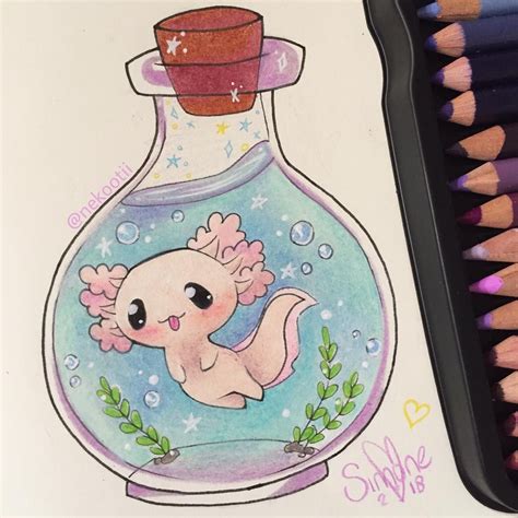 Little Axolotl In A Bottle C Cute Art Cute Animal Drawings Kawaii