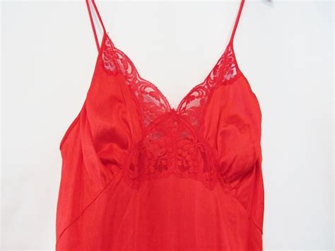 Sexy Sheer Red Satin Nightgown Small Long Lace Boud Gem