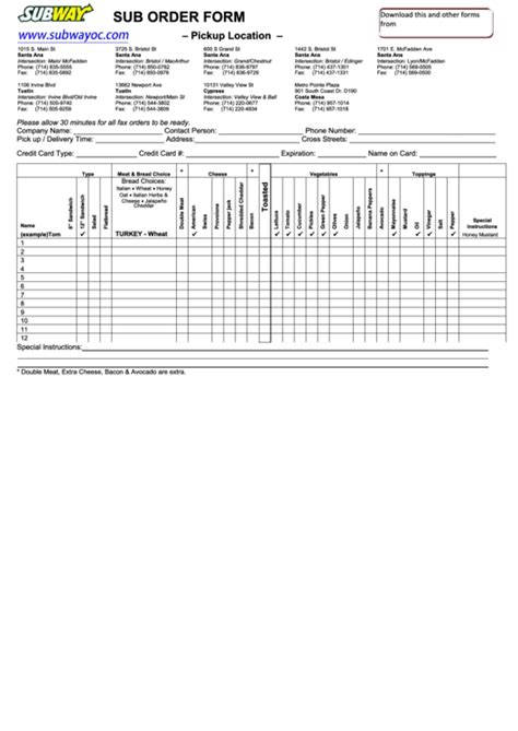 Printable Subway Order Form