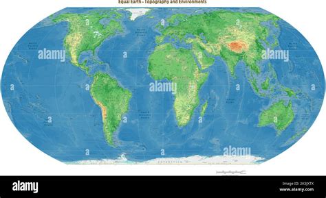 High Details Physical World Map Equal Earth Projection Stock Vector