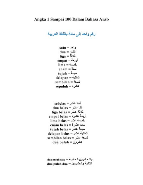 Memiliki kemampuan dalam bahasa arab (membaca, menulis dan berbica. Angka 1 sampai 100 dalam bahasa arab mapadpadua