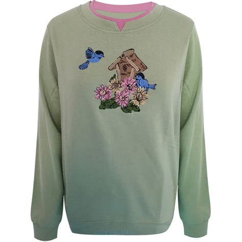 Candk Designs Womens Sagepink Embroidered Chickadees Crew Neck Long