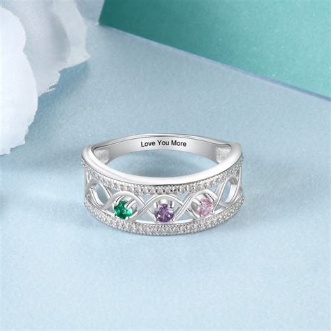 925 Sterling Silver Personalized Rings With 3 Birthstones Custom Name