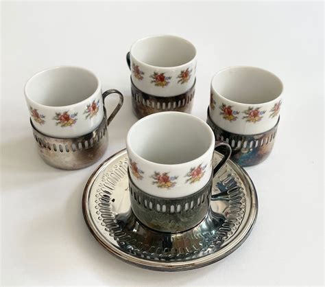Demitasse Tea Cup Espresso Cup Set Floral Ceramic Silver Plate Saucer