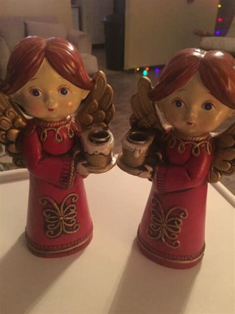 Pair 7 Vintage Ceramic Angels Taper Candle Holder Figurines Red And Gold