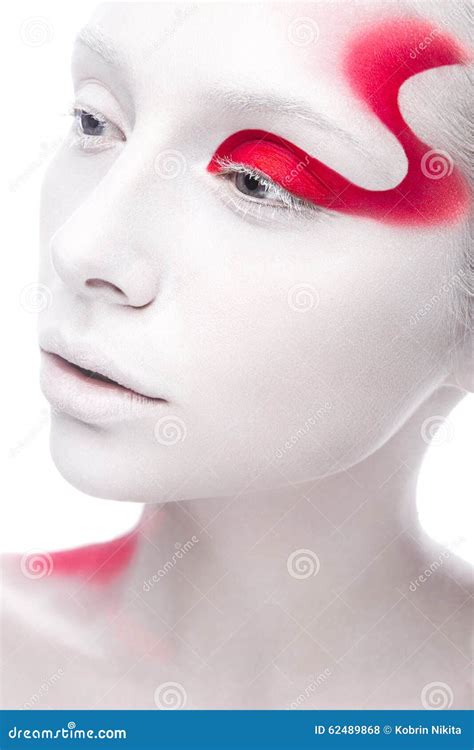 Art Fashion Girl With White Skin And Red Paint On Stock Photo Image