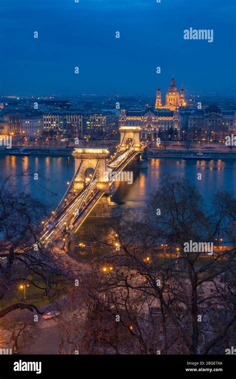 The Széchenyi Chain Bridge At Night In Budapest Hungary Stock Photo