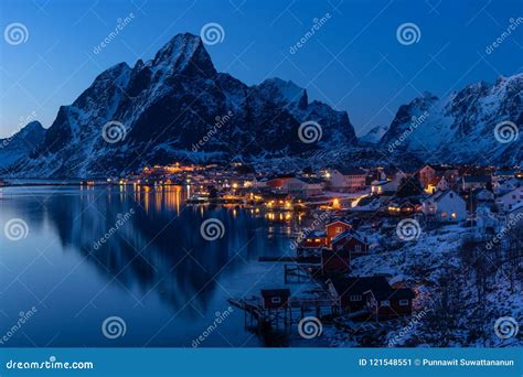 Reine Village At Night Lofoten Archipelago Norway Scandinavia Stock