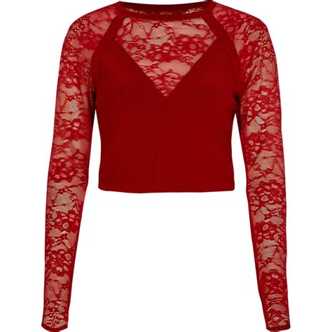 Red Lace Long Sleeve Crop Top Tops Sale Women