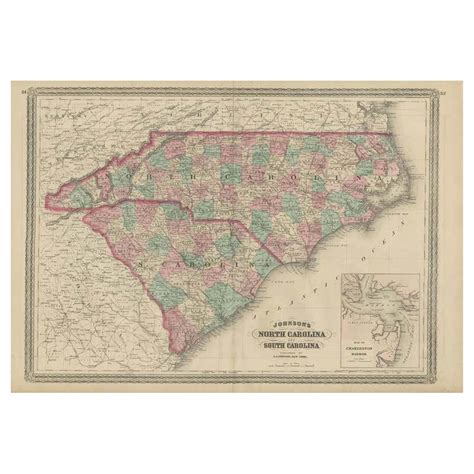 Antique Map Of North Carolina And South Carolina By Johnson 1872 At
