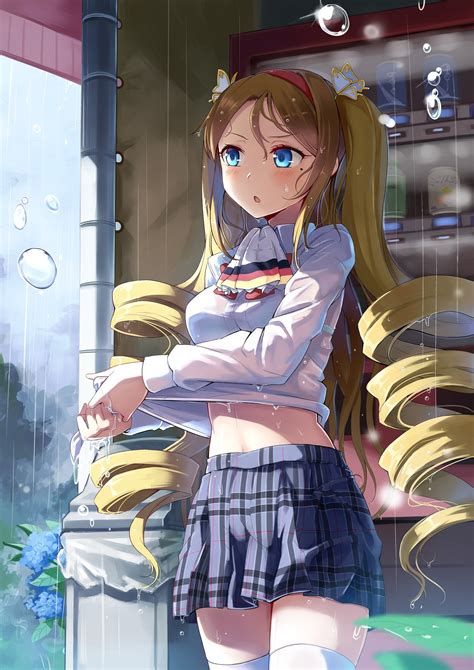 Wallpaper Blonde Long Hair Anime Girls Blue Eyes Rain Stockings Skirt Toy Wet Clothing