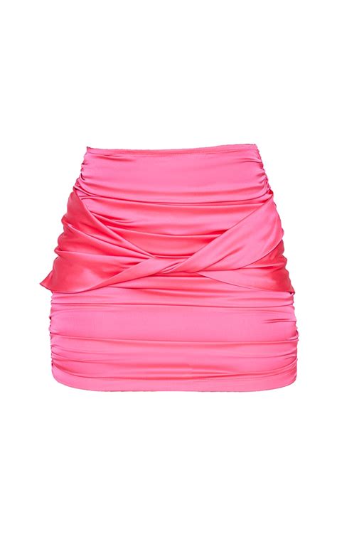 Hot Pink Satin Ruched Detail Mini Skirt Prettylittlething