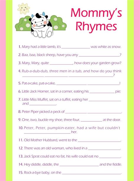 Baby statistics game using this baby shower game sheet and the answer key, have guest write their best answers for the provided questions. Nursery Rhymes Printable Baby Shower Game | Party Ideas | Pinterest | Fun baby shower games ...