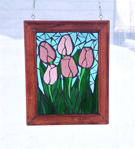 Pink Tulip Stained Glass Mosaic Panel For Window Spring Bulb Etsy Canada