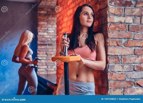two sporty girls dressed in sportswear with barbells posing in a stock image image of couple