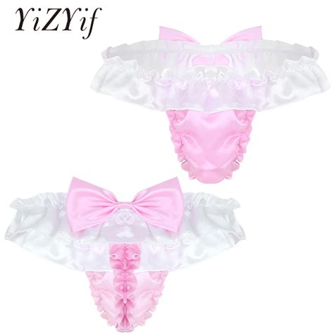 Yizyif Sexy Men Gay Underwear Sissy Panties Shiny Jockstrap Soft Satin Lingerie Ruffled Frilly