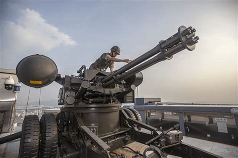 Anti Aircraft Gun On The Roof Of A Skyscraper In Seoul South Korea