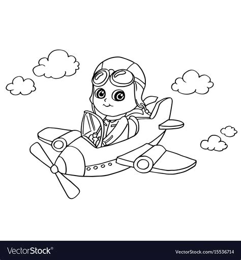 Little Boy Flying In A Toy Plane Coloring Page Vec