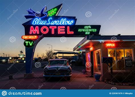 Close Up Of The Blue Swallow Motel Neon Sign A Famous Classic Route 66