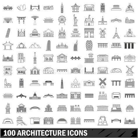 100 Architecture Icons Set Outline Style Stock Vector Illustration