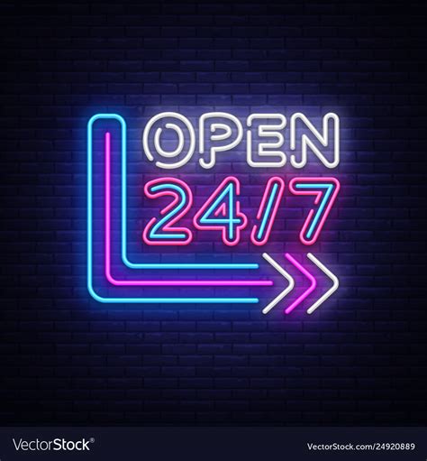 24 7 Neon Sinboard Open All Day Neon Sign Vector Image