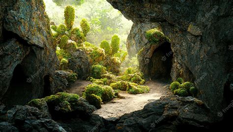 Premium Photo Raster Illustration Of Two Caves Are Covered With Moss