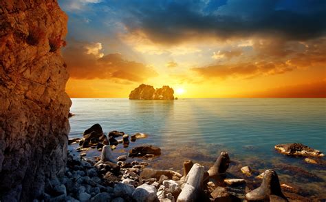 Rocks Beach Sea Sun Rays Light Sunset Hope Hd Wallpaper Rare