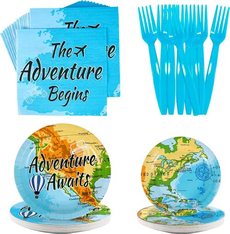 Easy Joy 64 Pcs Adventure Awaits Party Supplies Travel Map Party Plates Napkins