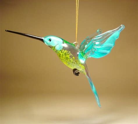 Handmade Blown Glass Figurine Art Bird Light Blue And Yellow Hanging Hummingbird Ornament