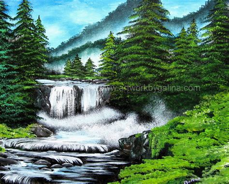 Pine Trees By The Waterfall Original Abstract Acrylic