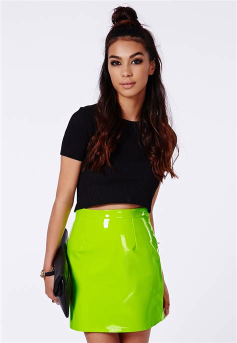 Lyst Missguided Neon Green Pvc Mini Skirt In Green