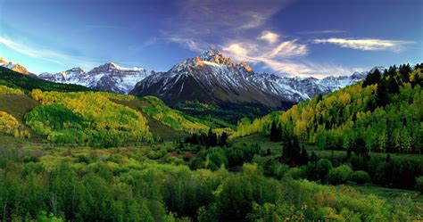 Mountains Forest Clouds Green Snowy Peak Trees Nature Landscape