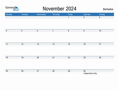 Editable November 2024 Calendar With Barbados Holidays