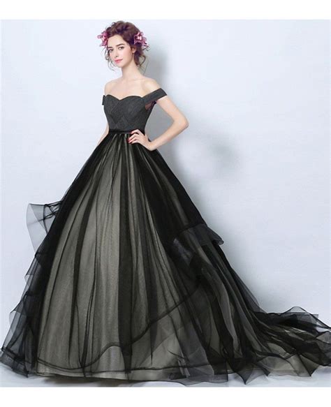 Black Ball Gown Off The Shoulder Court Train Tulle Wedding Dress Tj080