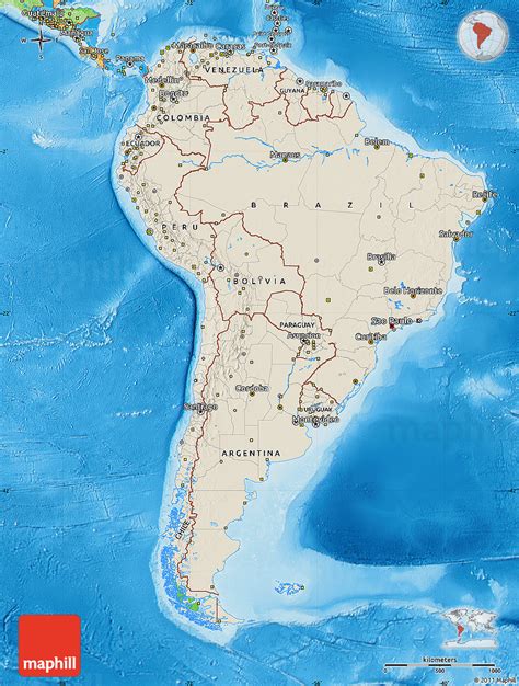 Shaded Relief Map Of South America Political Outside Shaded Relief Sea