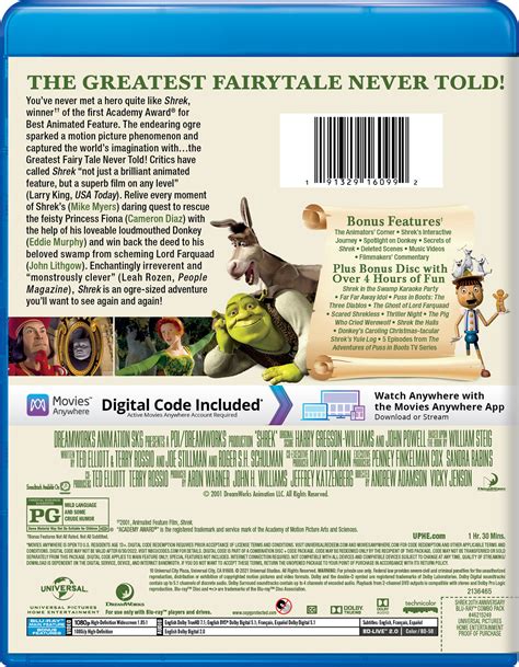 Shrek 20th Anniversary Edition Blu Ray Cover Back Screen Connections