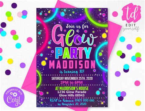 Glow Party Invitation Glow Invitation Neon Glow Party Invitation Glow
