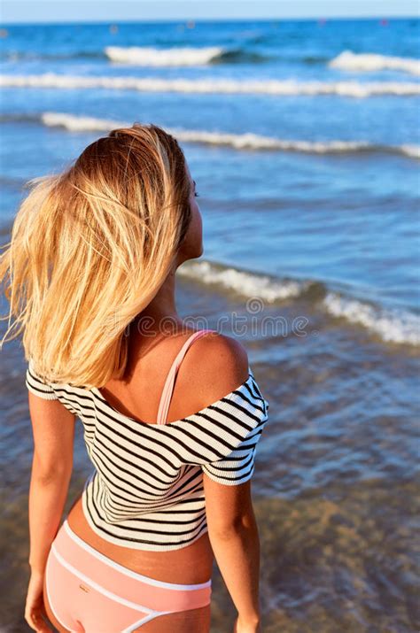Young Woman In Swimsuit In Summer Near The Sea And Blue Sky Stock Image Image Of Blond