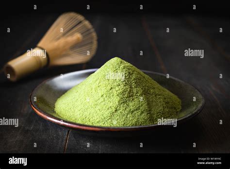 Japanese Matcha Green Tea In A Cup And Tea Powder Close Up Stock Photo