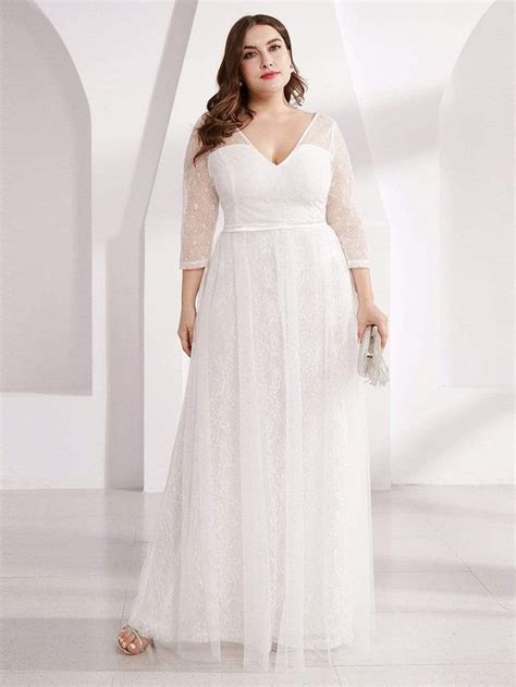 Womens V Neck Lace Plus Size Wedding Guest Dresses With 34 Sleeve