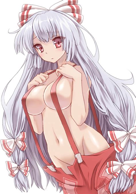 Sibata Fujiwara No Mokou Touhou Silver Hair 1girl Bow Breasts Clothes Pull Female Focus
