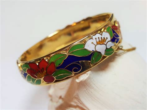 Gold Cloisonne Enamel Colorful Butterfly Flowers Bangle Vintage Boho