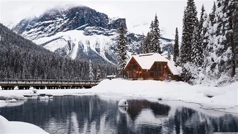 Rustic Cottage Lake Mountain Winter Snow Ultra Hd