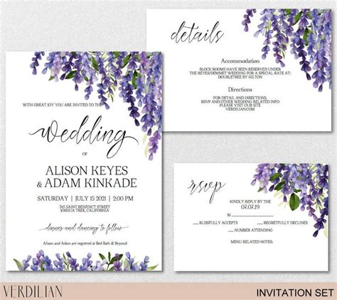 Lavender Wedding Invitation Template Set Purple Flowers Etsy