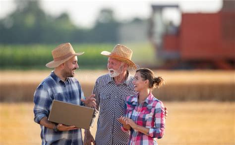Farmers Talking In Field In Summer Time During Harvest Stock Image Image Of Computer