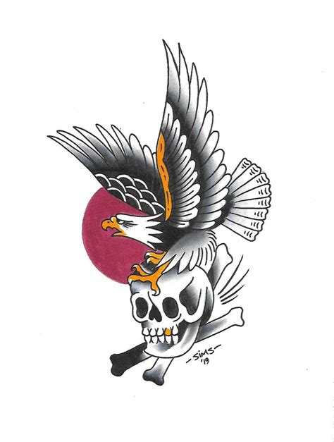 Eagle And Skull Traditional Print Tattoo Flash Wall Art Etsy