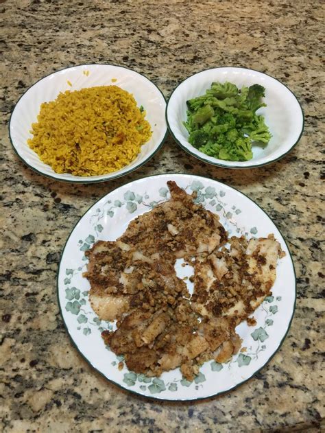 Cover, reduce heat to low, and simmer until tender, 30 to 35 minutes. Walnut crusted flounder, yellow rice, and steamed broccoli ...