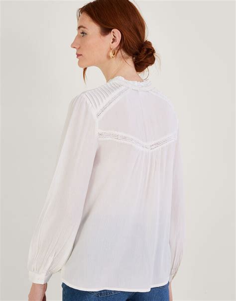 Lace Insert Blouse In Lenzing Ecovero White Tops And T Shirts